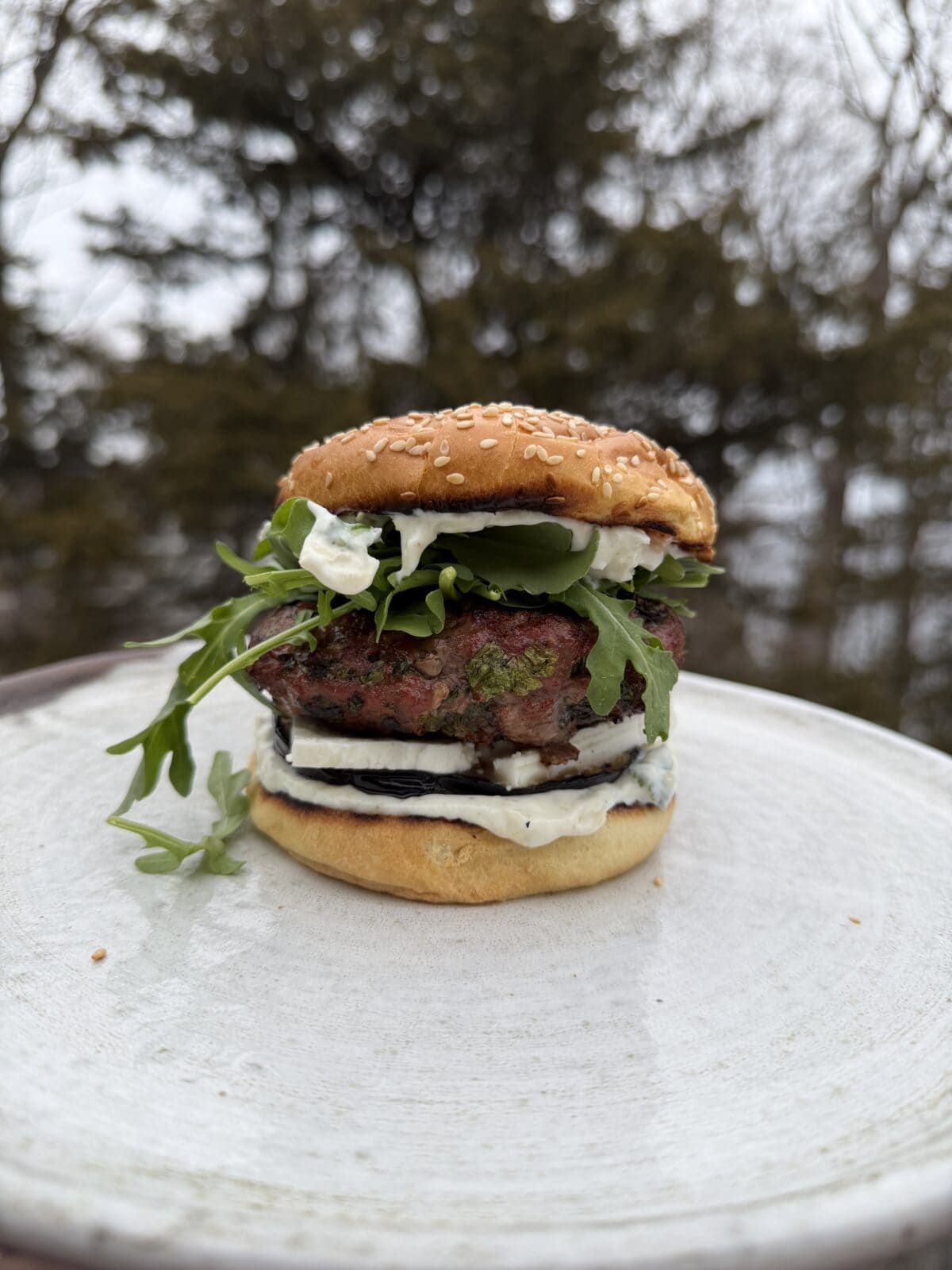 A hamburger with arugula, sliced cucumber, creamy cheese, and a sesame seed bun on a white plate with trees in the blurred background.