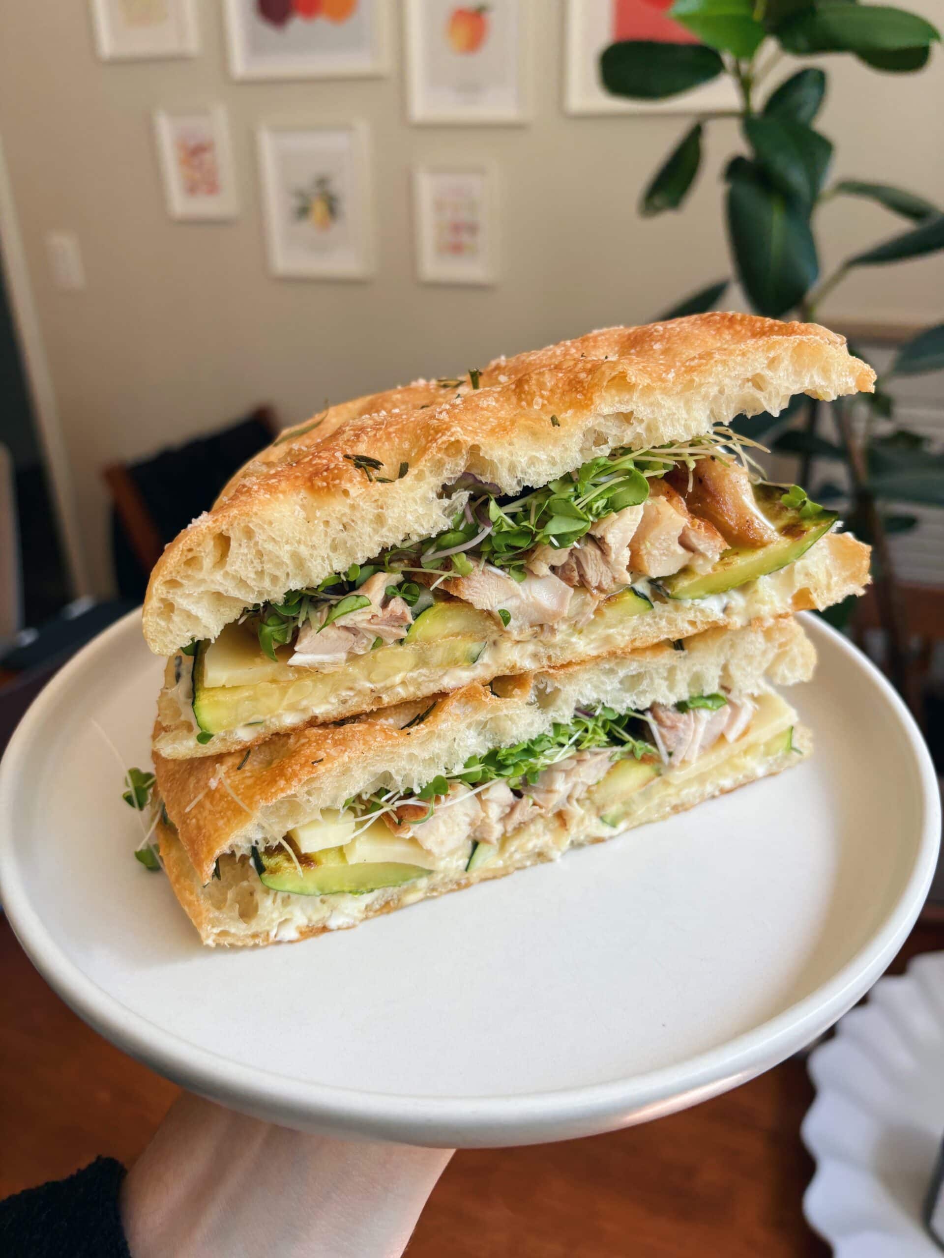 A hand holds a plate with a stacked sandwich filled with chicken, cucumber slices, and leafy greens on focaccia bread. Framed artwork and a leafy plant are visible in the background.
